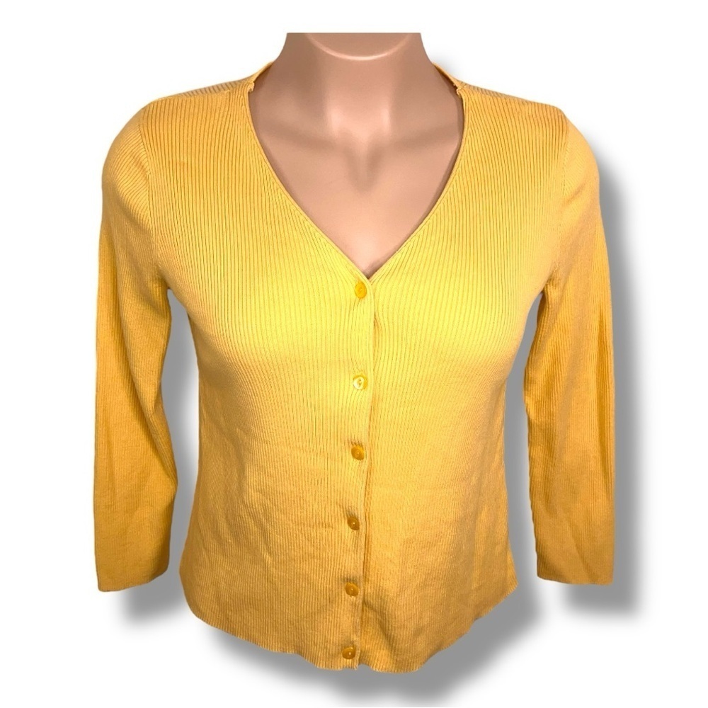 XL Christopher And Banks Yellow Ribbed Cardigan Sweater Button Up Knit Cotton